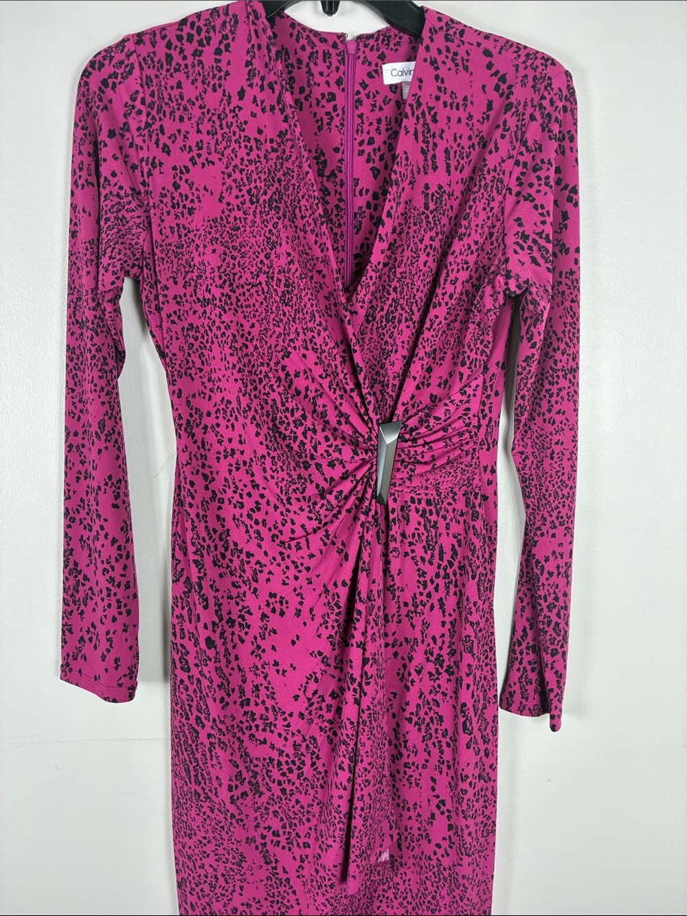 Calvin Klein Fuchsia Twist-Front Long Sleeve Dress Sz 2 Animal Print - Picture 2 of 6